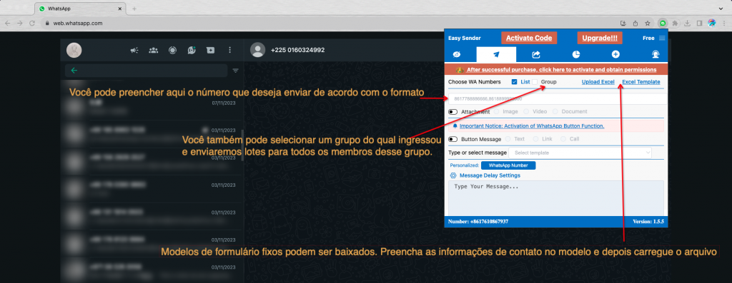 Adicionar contactos: números, Excel ou grupo