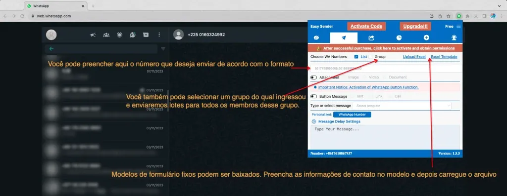 Adicionar contactos: números, Excel ou grupo