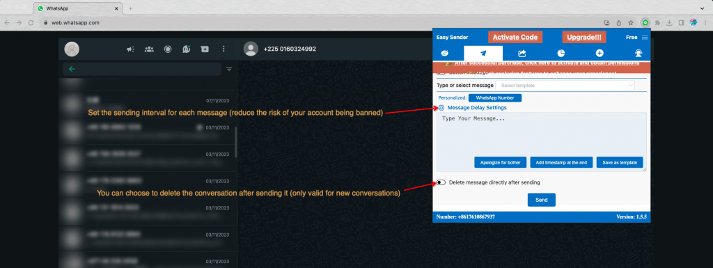Set sending interval and delete new conversations option