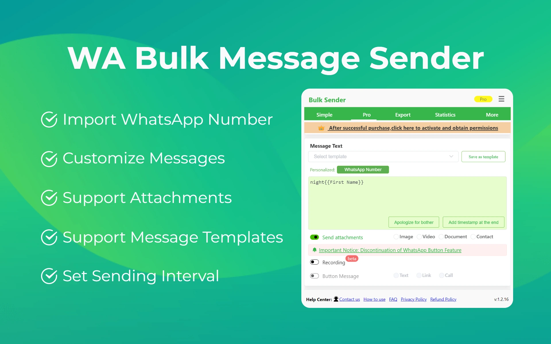 All-in-One WA Sender: upload from Excel, add contacts from groups, send bulk WhatsApp messages in one workflow.