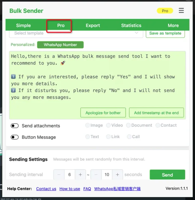 Plugin messaging page with Button Message option