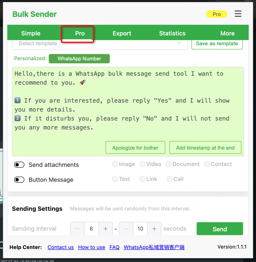 Plugin messaging page with Button Message option