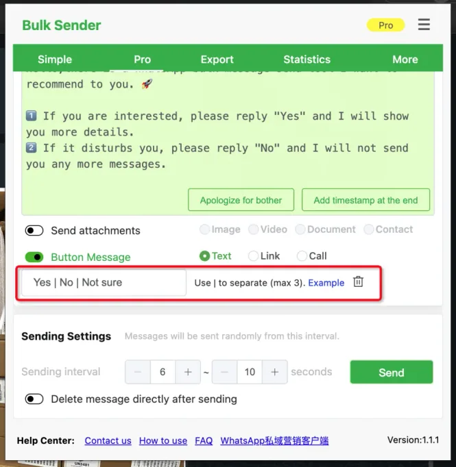 Text option and Text Example button