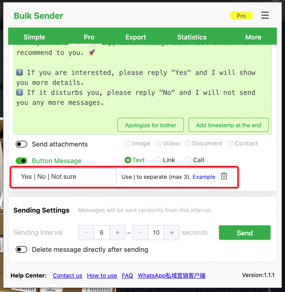 Text option and Text Example button