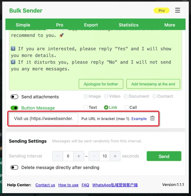 Link option and Link Example button