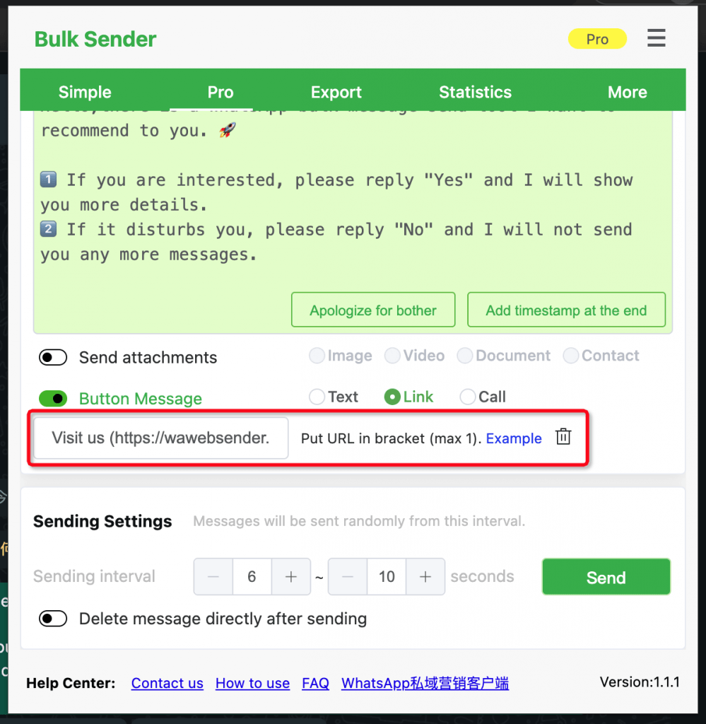 Link option and Link Example button