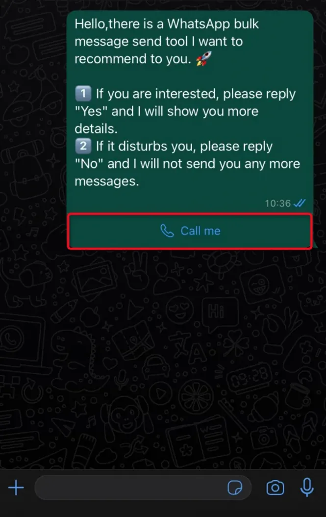WhatsApp message with Example Call button