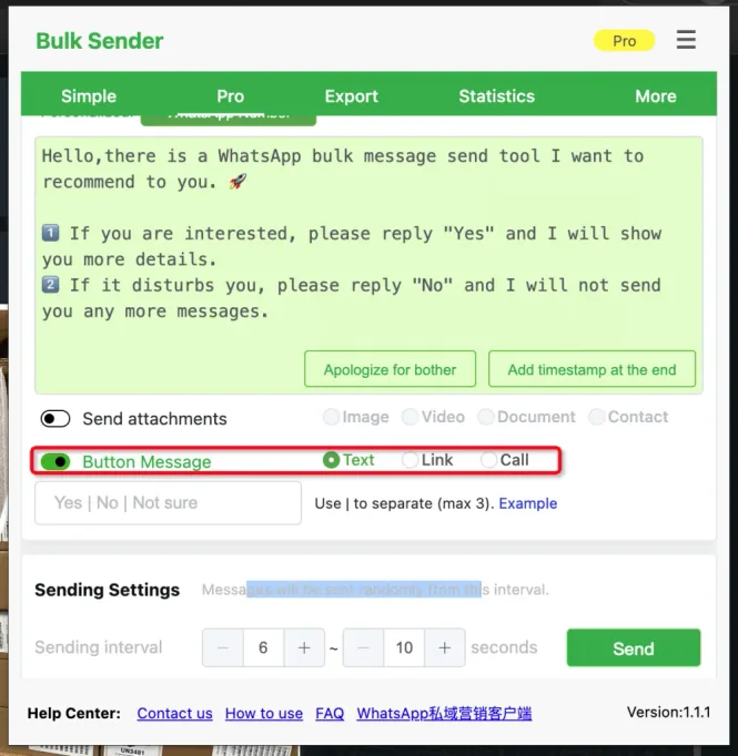 Button Message options: Text, Link, Call