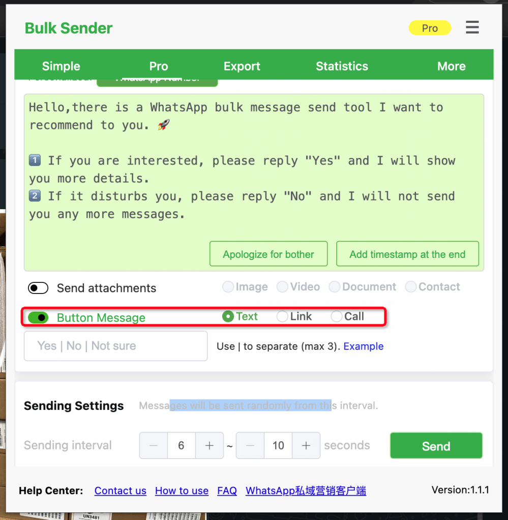 Button Message options: Text, Link, Call