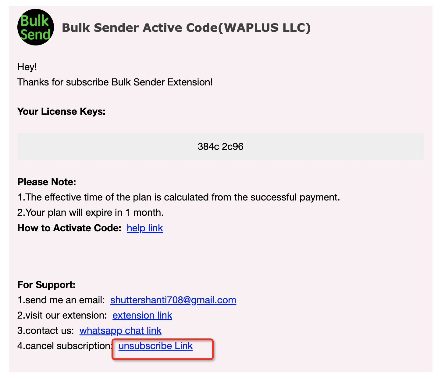 Bulk Sender activation code email with unsubscribe link