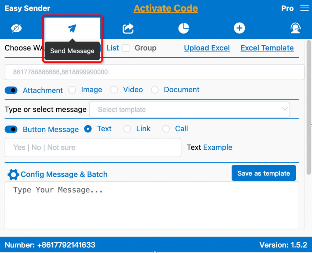 Plugin messaging page with Button Message option