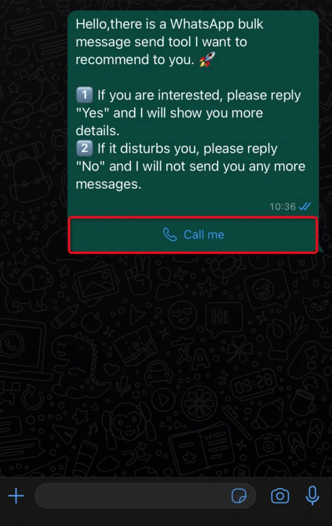 WhatsApp message with Example Call button