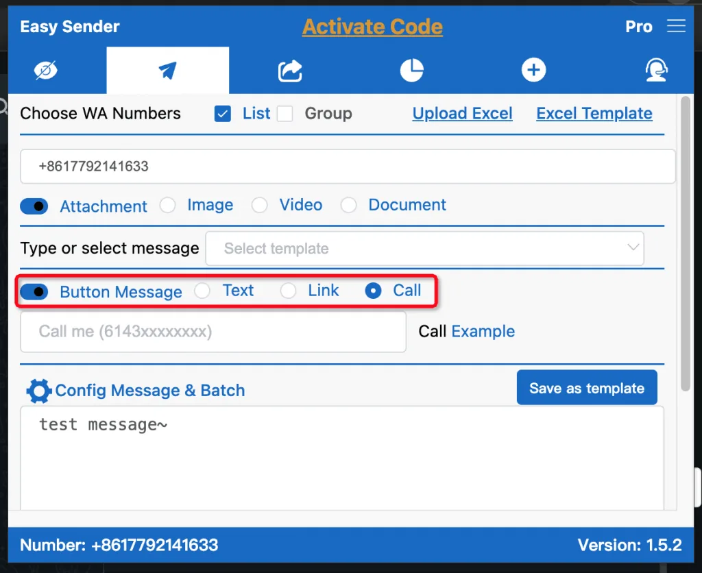 Button Message options: Text, Link, Call